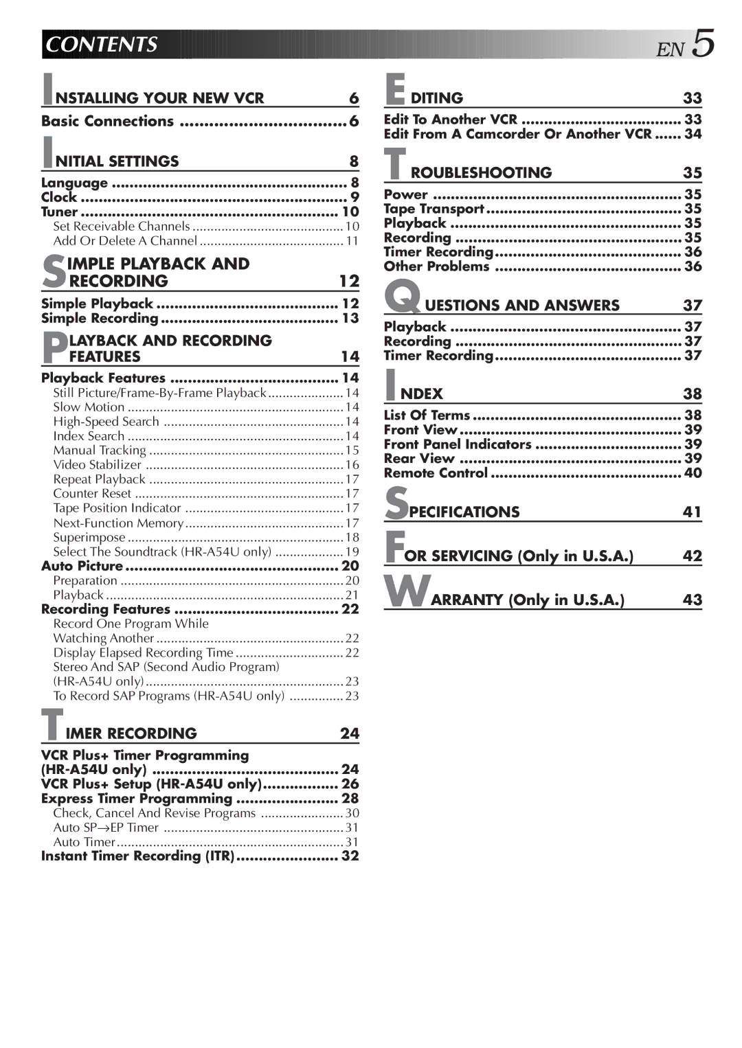 JVC HR-A54U, HR-A34U instruction manual Contents 