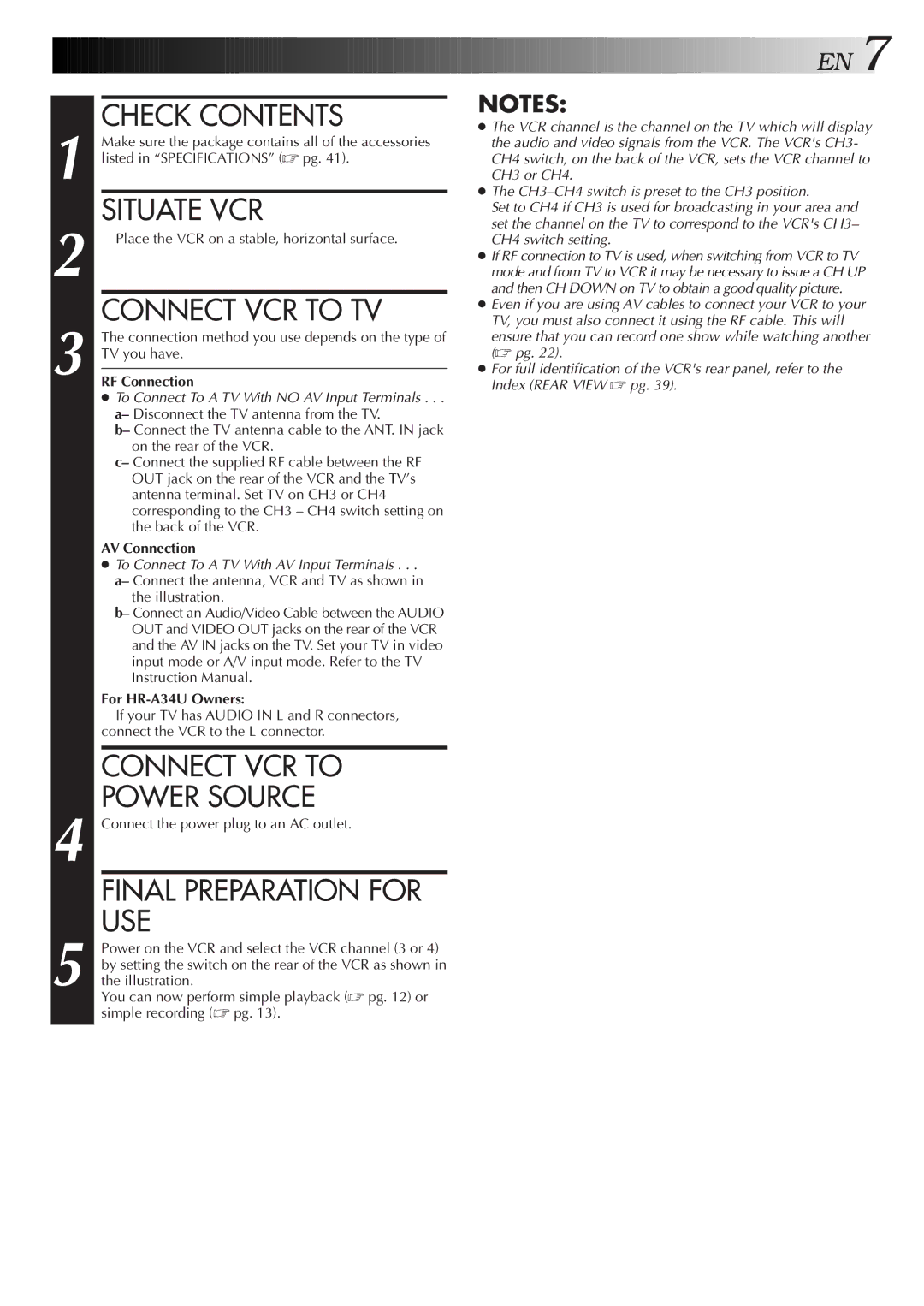 JVC HR-A54U Check Contents, Situate VCR, Connect VCR to TV, Connect VCR to Power Source, Final Preparation for USE 