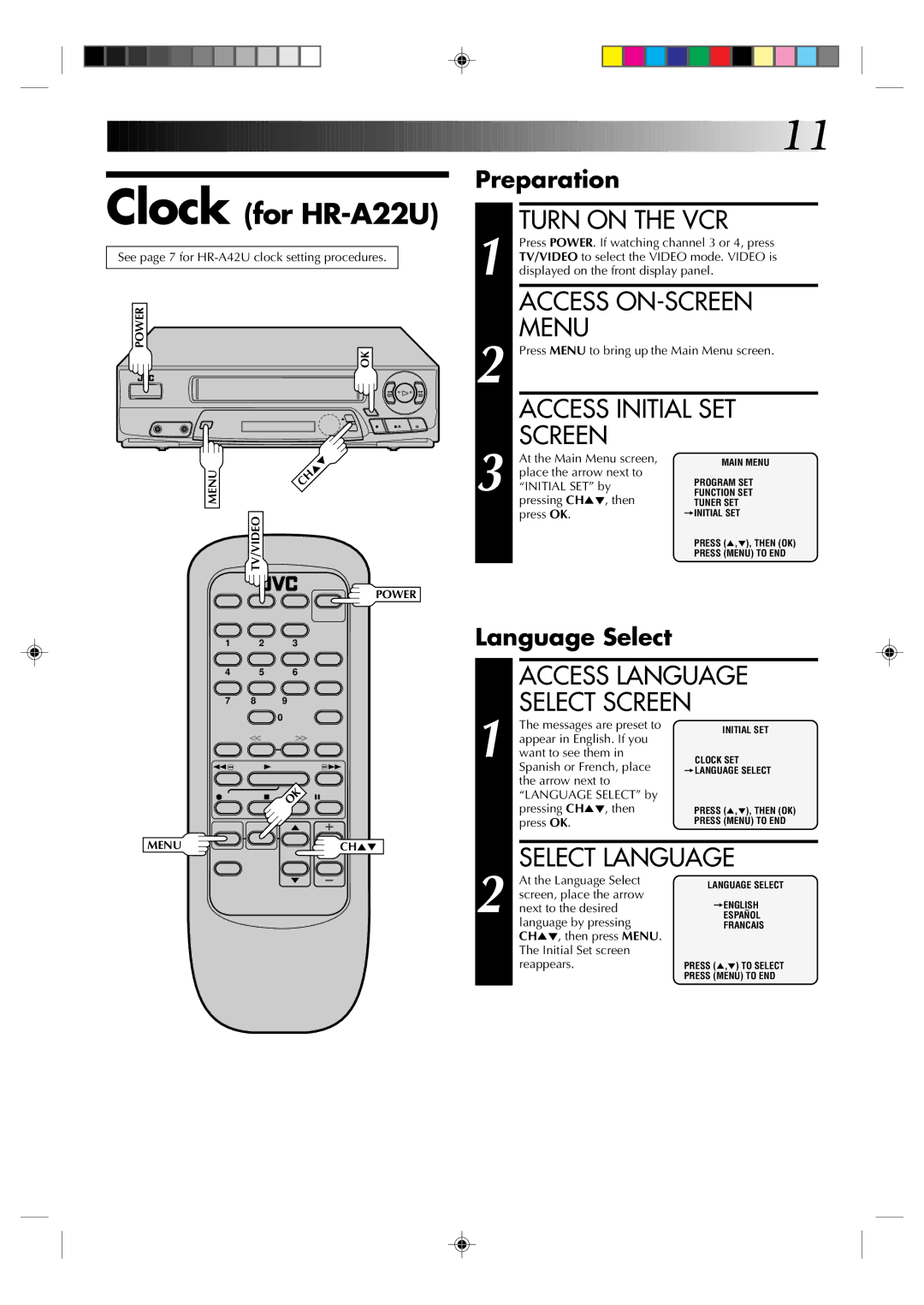 JVC HM-A22U, HR-A42U manual Access Initial SET, Access Language, Select Screen 