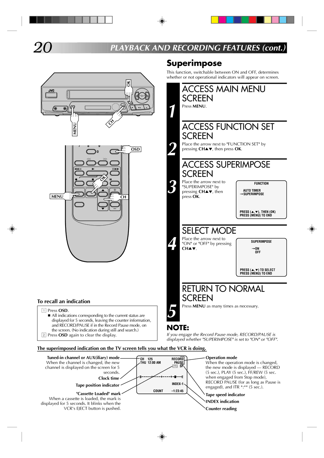 JVC HR-A42U, HM-A22U manual Access Function SET, Layback and Recording Features, Superimpose 