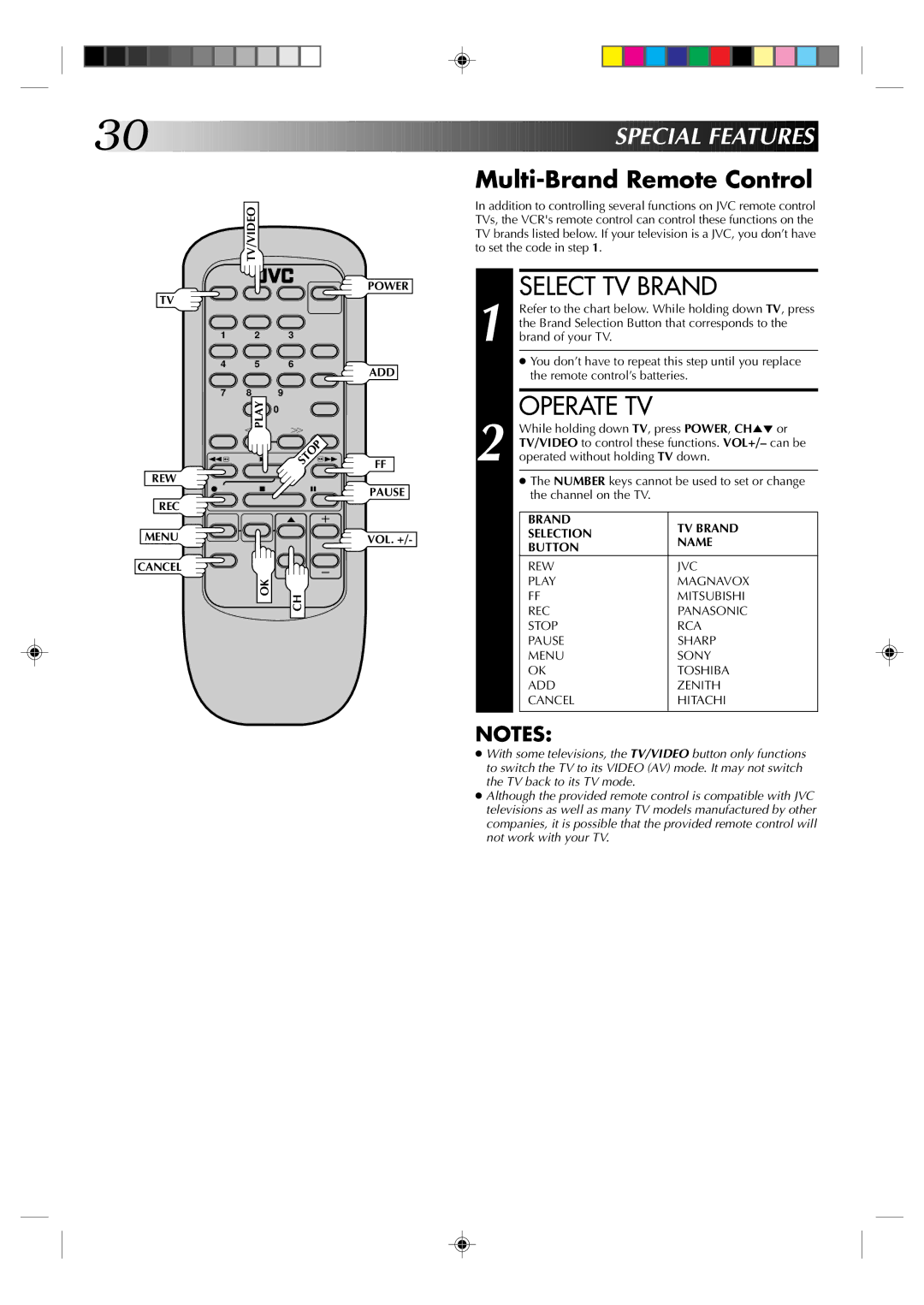 JVC HR-A42U, HM-A22U manual Select TV Brand, Special Feat Ures, Multi-Brand Remote Control 