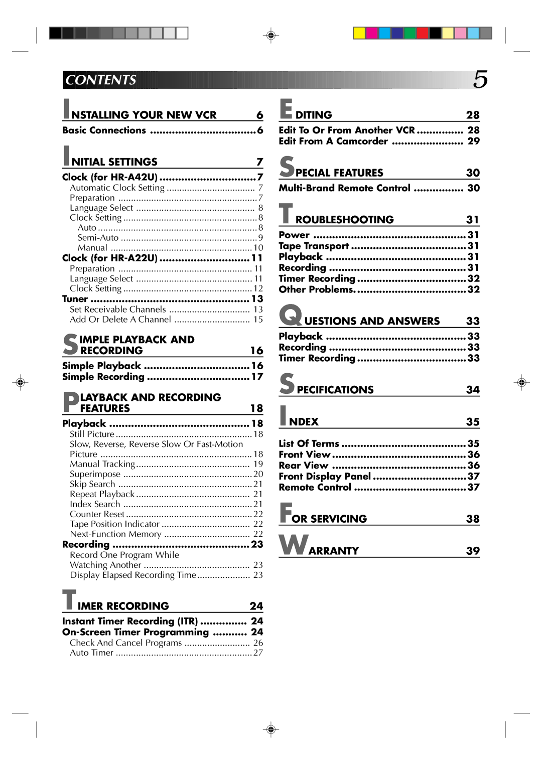 JVC HM-A22U, HR-A42U manual Contents 