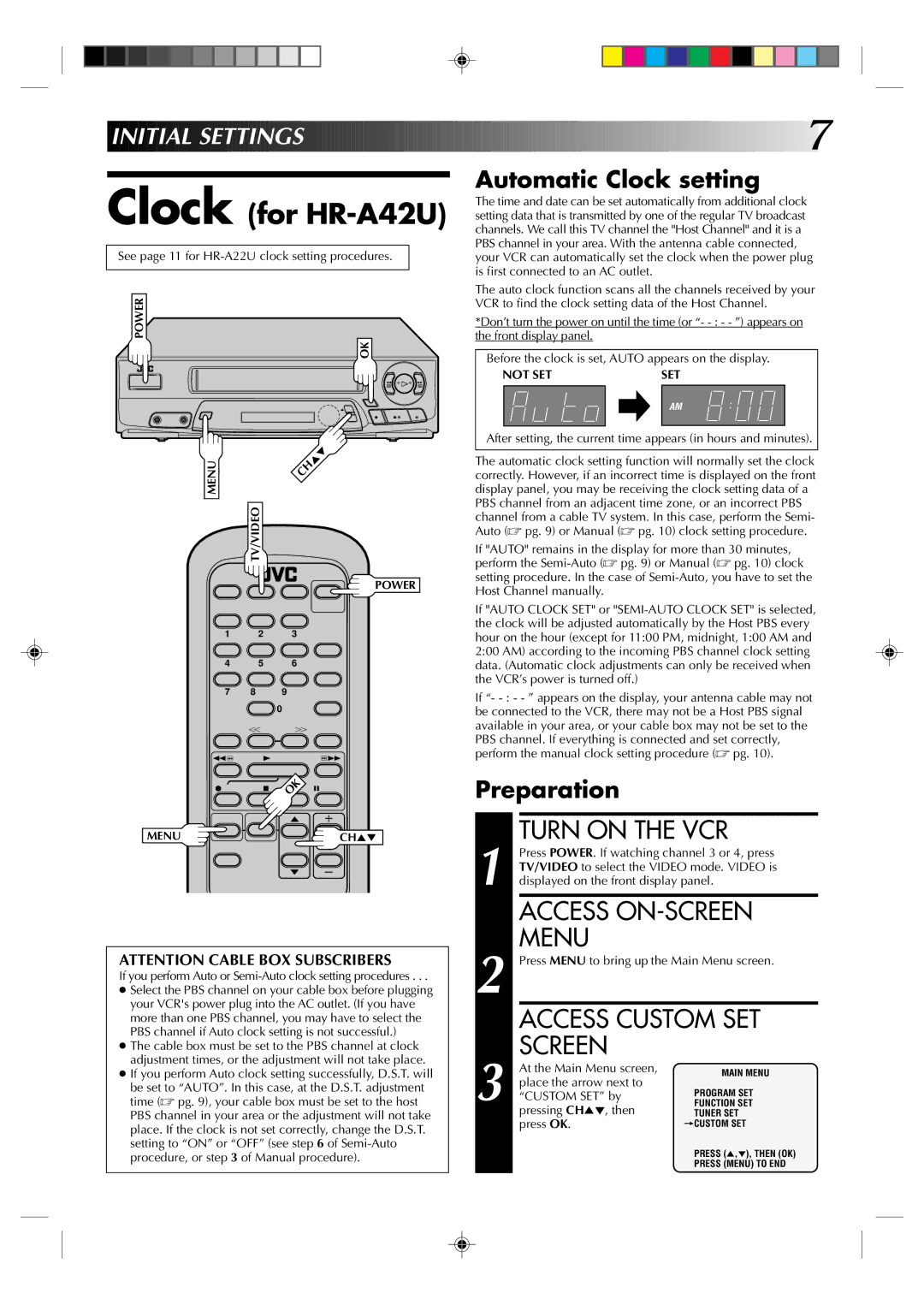 JVC HM-A22U, HR-A42U manual Turn on the VCR, Access ON-SCREEN, Menu, Access Custom SET, Screen 