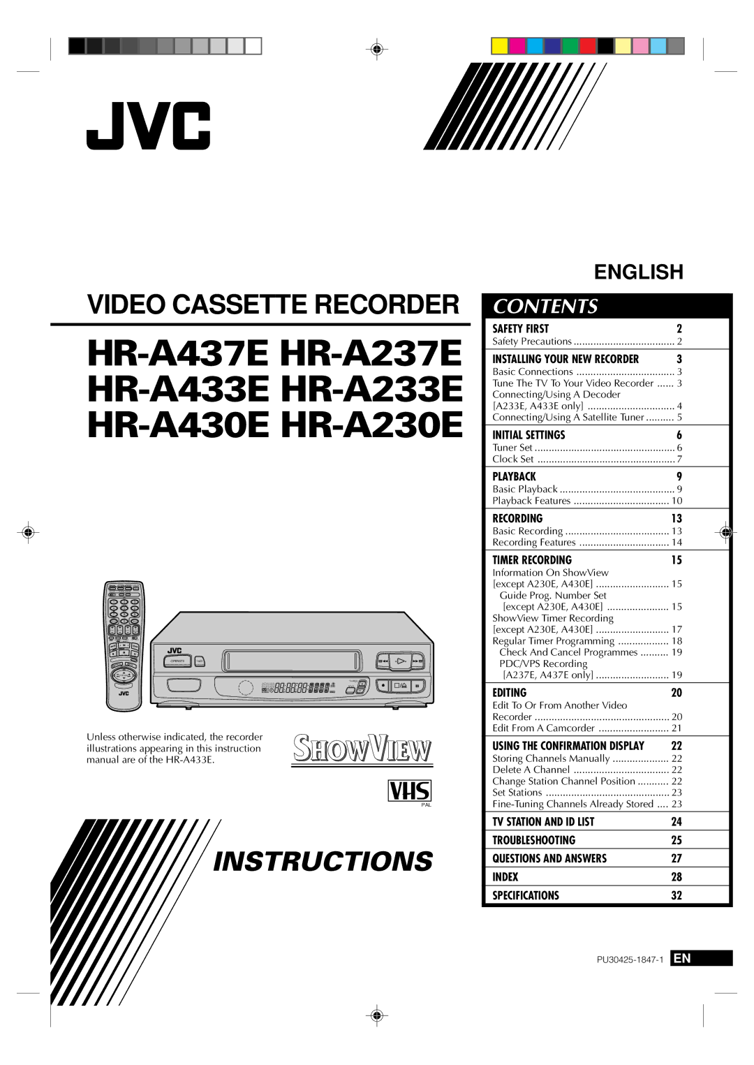 JVC specifications HR-A437E HR-A237E HR-A433E HR-A233E HR-A430E HR-A230E 