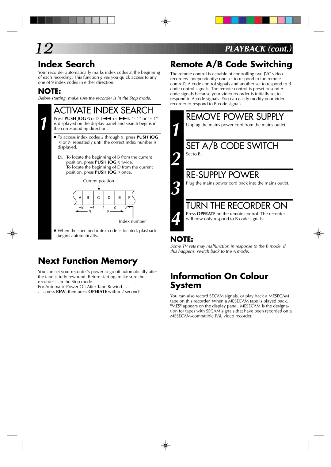 JVC HR-A437E, HR-A433E, HR-A430E, HR-A237E, HR-A233E, HR-A230E Activate Index Search, SET A/B Code Switch, RE-SUPPLY Power 