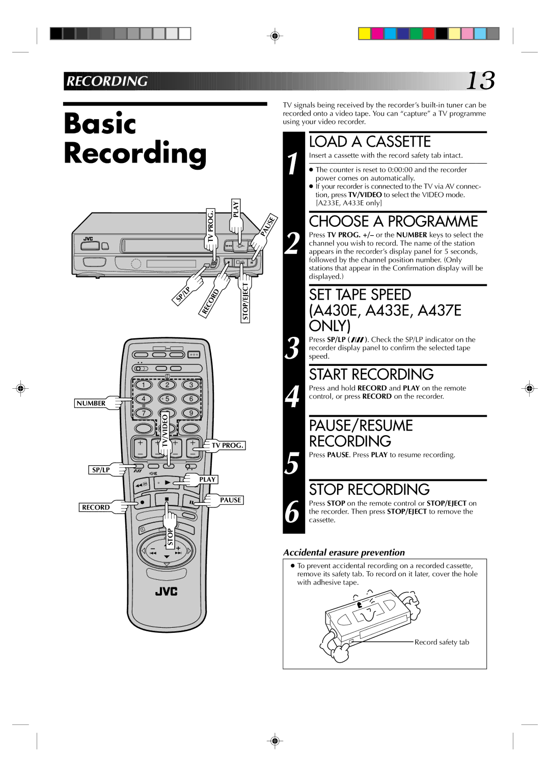 JVC HR-A433E, HR-A437E, HR-A430E, HR-A237E, HR-A233E, HR-A230E specifications Basic Recording 