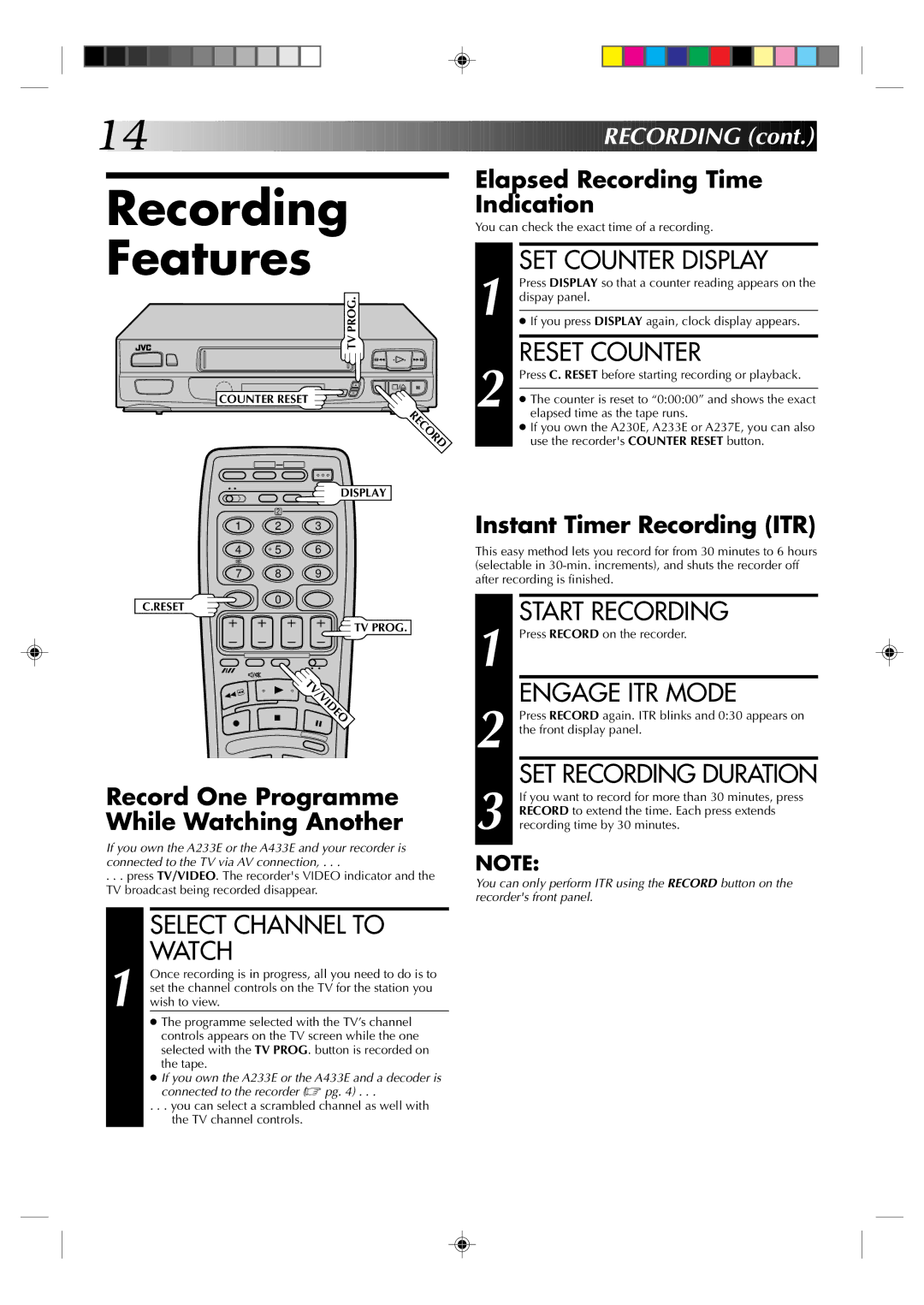 JVC HR-A430E, HR-A437E, HR-A433E, HR-A237E, HR-A233E, HR-A230E specifications Recording Features 