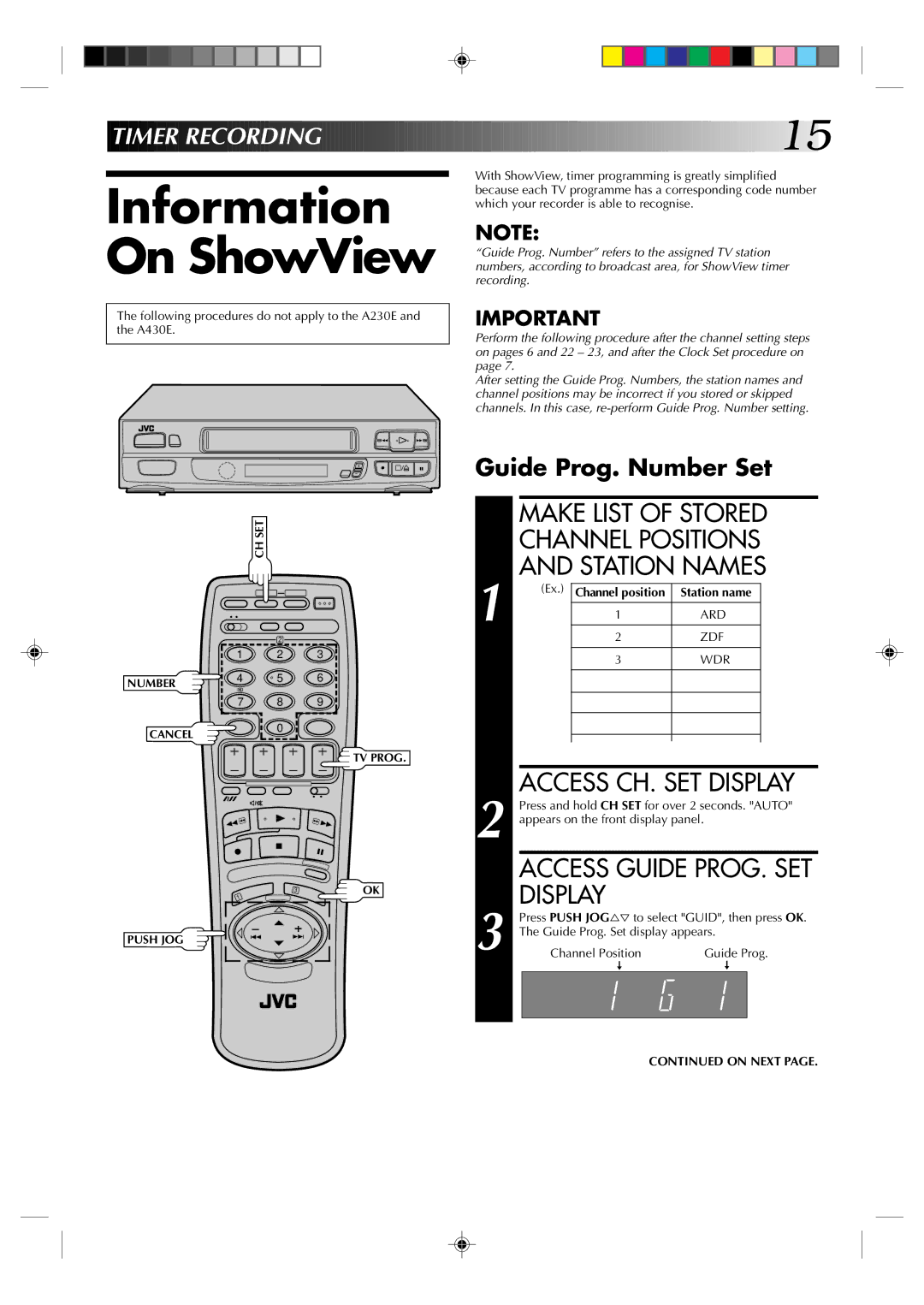 JVC HR-A237E Information On ShowView, Make List of Stored Channel Positions Station Names, Guide Prog. Number Set 