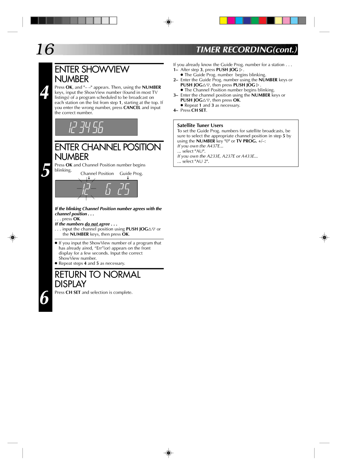 JVC HR-A233E, HR-A437E Enter Showview Number, Enter Channel Position Number, Press OK, If you own the A437E, Select AU 