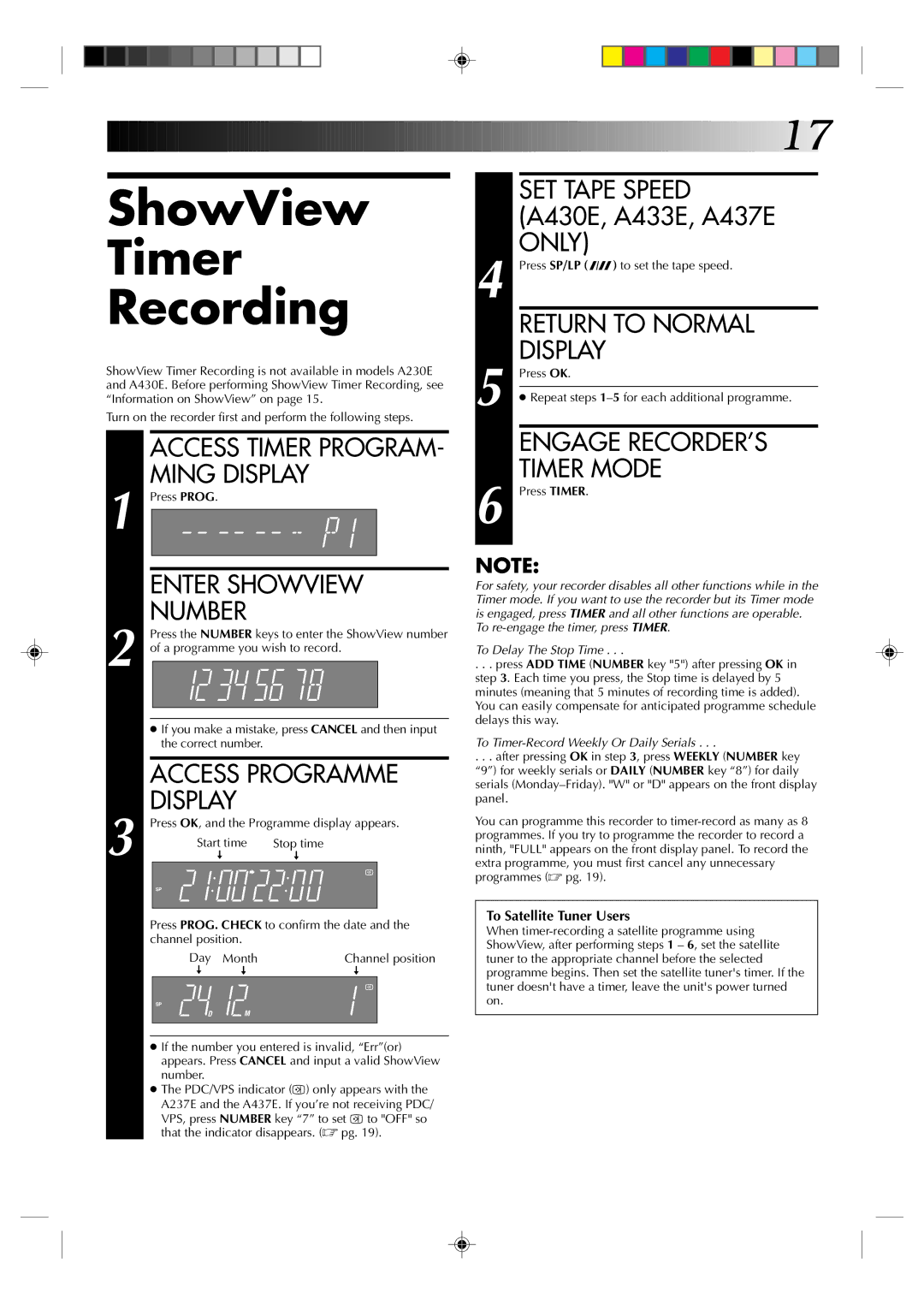 JVC HR-A230E, HR-A437E, HR-A433E, HR-A430E ShowView Timer Recording, Access Programme Display, Engage RECORDER’S, Timer Mode 