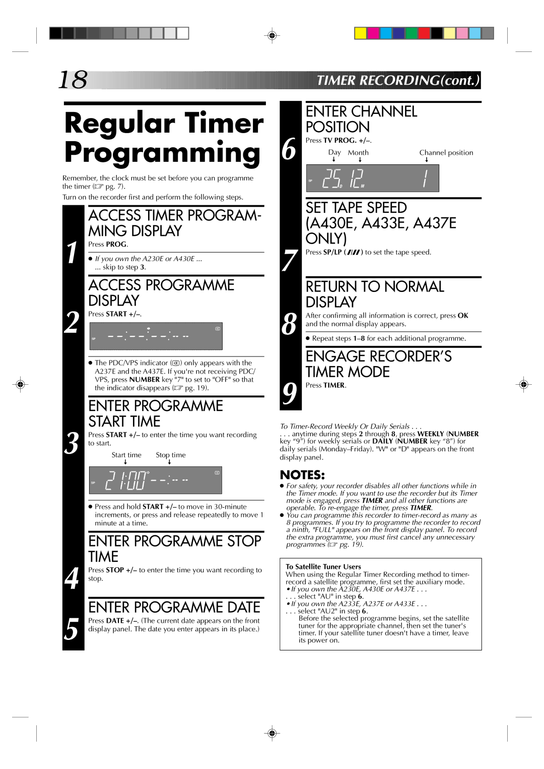 JVC HR-A437E, HR-A433E, HR-A430E, HR-A237E Regular Timer Programming, Start Time, Enter Programme Date, Position 