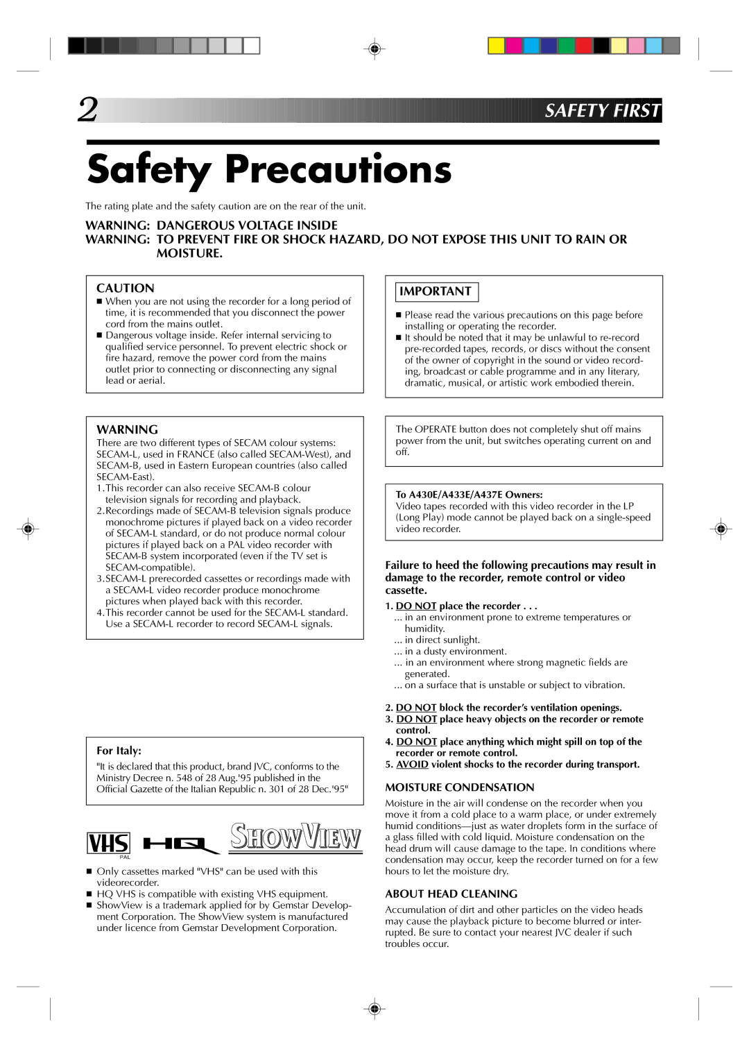 JVC HR-A430E, HR-A437E, HR-A433E, HR-A237E Safety Precautions, To A430E/A433E/A437E Owners, Do not place the recorder 