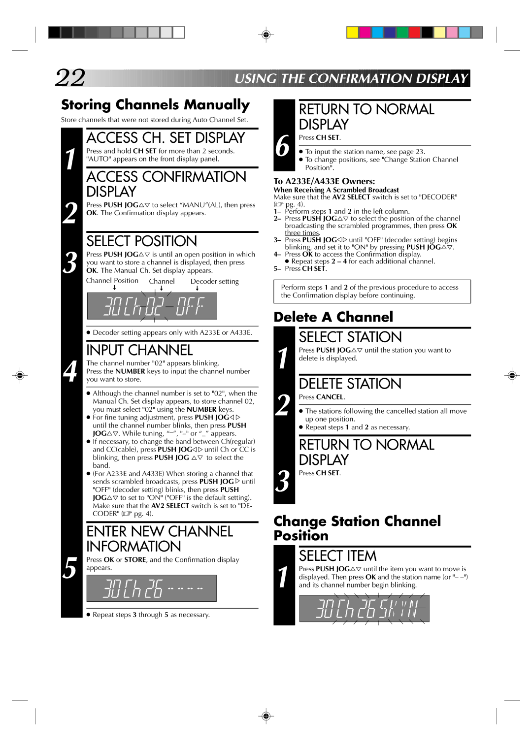 JVC HR-A233E, HR-A437E Access CH. SET Display, Access Confirmation Display, Select Position, Input Channel, Select Station 