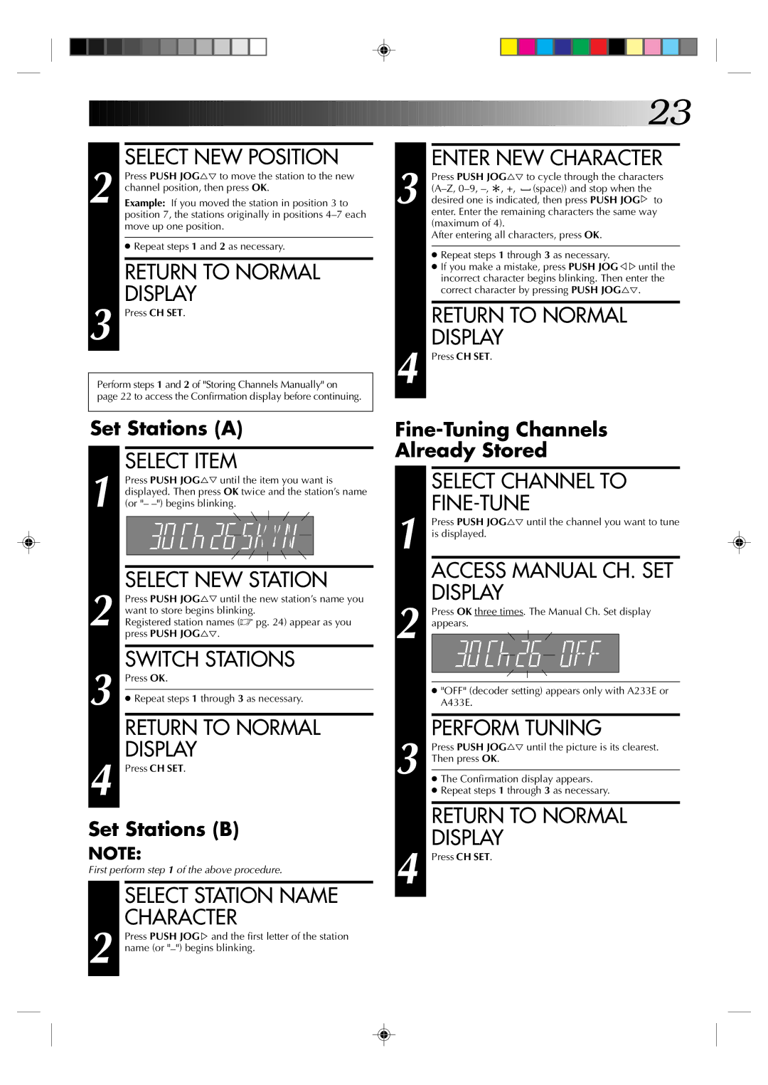 JVC HR-A230E Select NEW Position, Select NEW Station, Switch Stations, Select Station Name Character, Enter NEW Character 