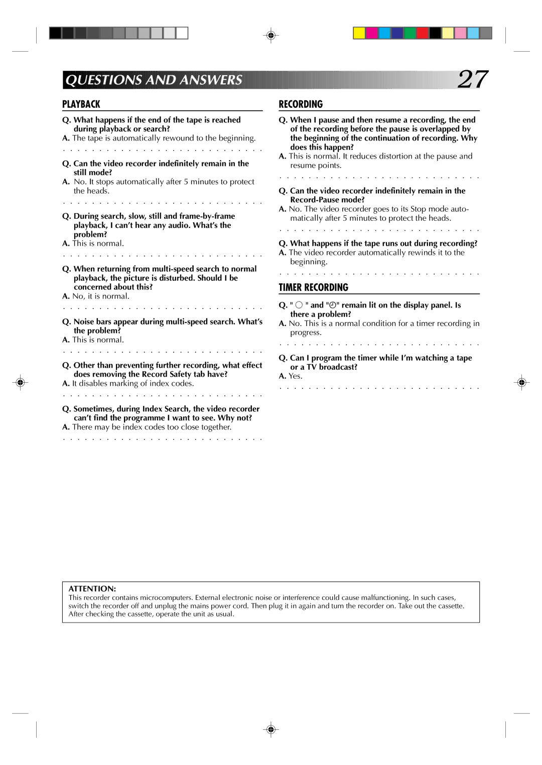 JVC HR-A237E, HR-A437E, HR-A433E, HR-A430E, HR-A233E, HR-A230E specifications Quest Ions and Answers 