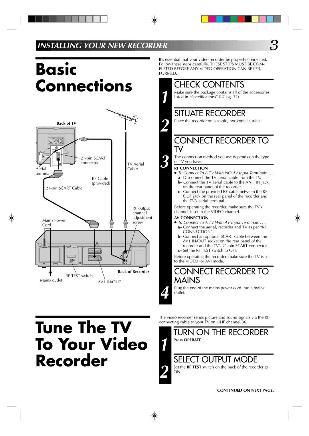 JVC HR-A237E, HR-A437E, HR-A433E, HR-A430E, HR-A233E, HR-A230E Basic Connections, Tune The TV To Your Video Recorder 