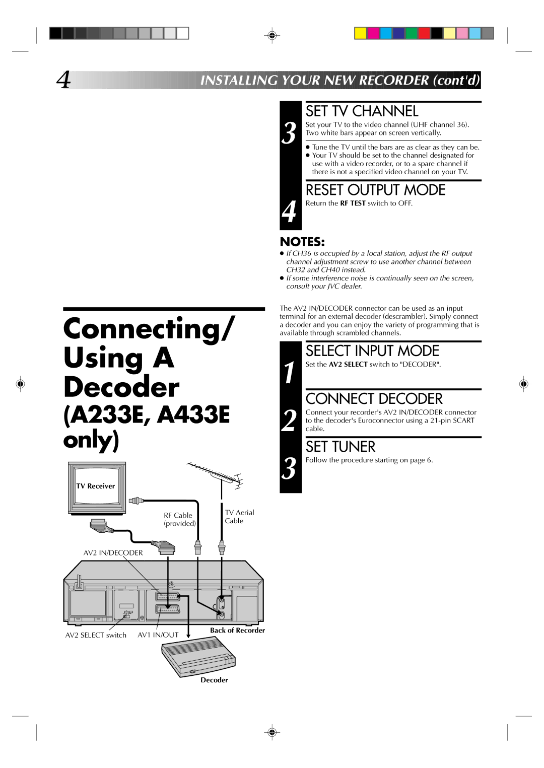 JVC HR-A233E, HR-A437E, HR-A433E, HR-A430E, HR-A237E, HR-A230E specifications Connecting Using a Decoder 