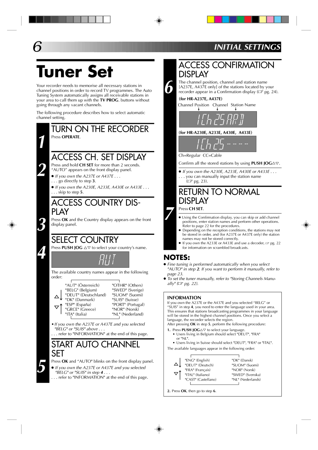 JVC HR-A437E, HR-A433E, HR-A430E, HR-A237E, HR-A233E, HR-A230E specifications Tuner Set 