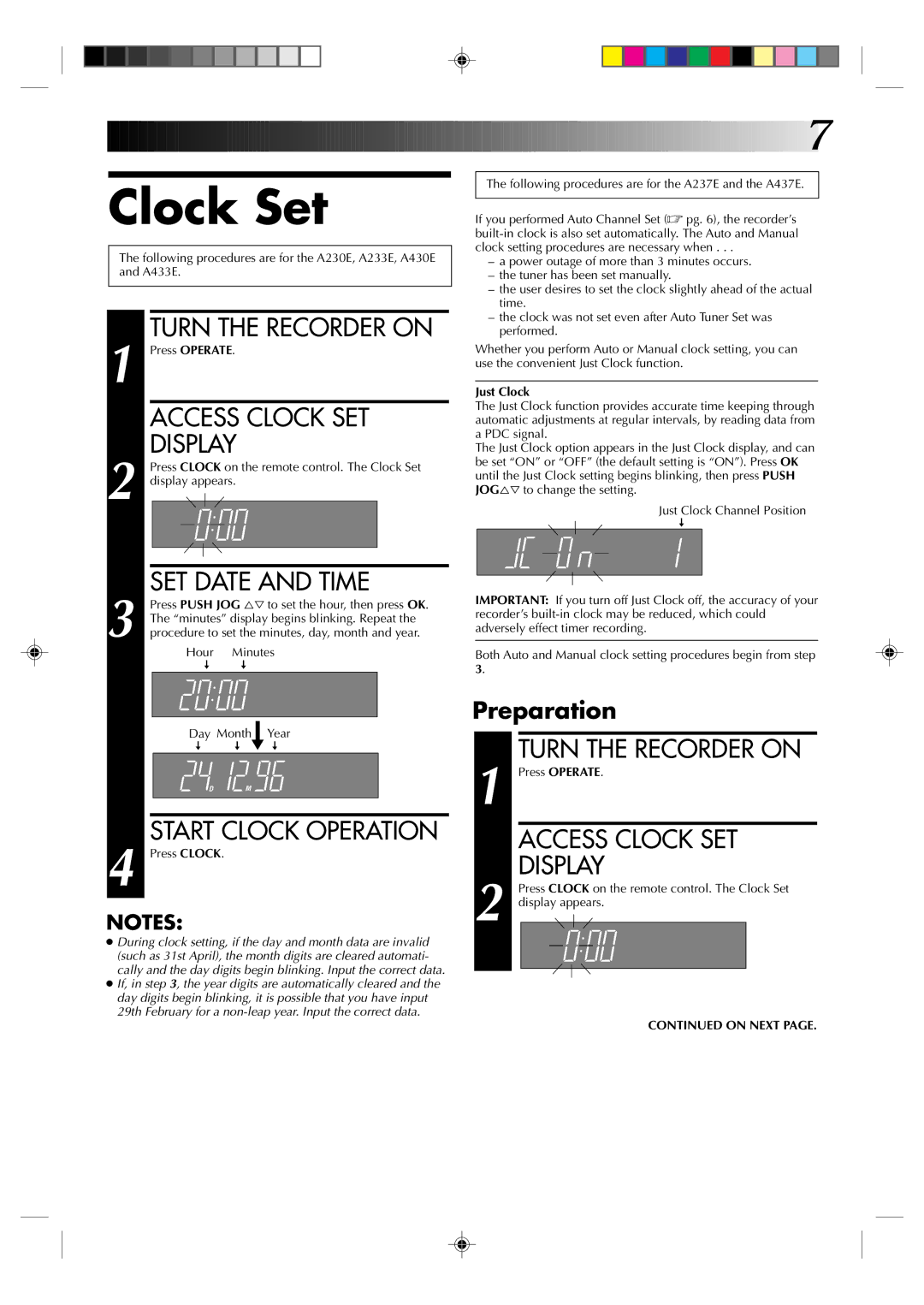 JVC HR-A433E, HR-A437E, HR-A430E Clock Set, Turn the Recorder on, Access Clock SET Display, SET Date and Time, Preparation 