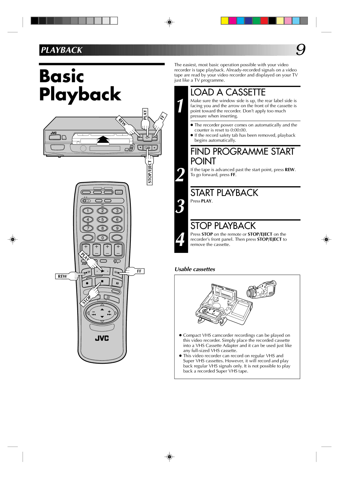 JVC HR-A237E, HR-A437E, HR-A433E, HR-A430E, HR-A233E Basic Playback, Load a Cassette, Point, Start Playback, Stop Playback 