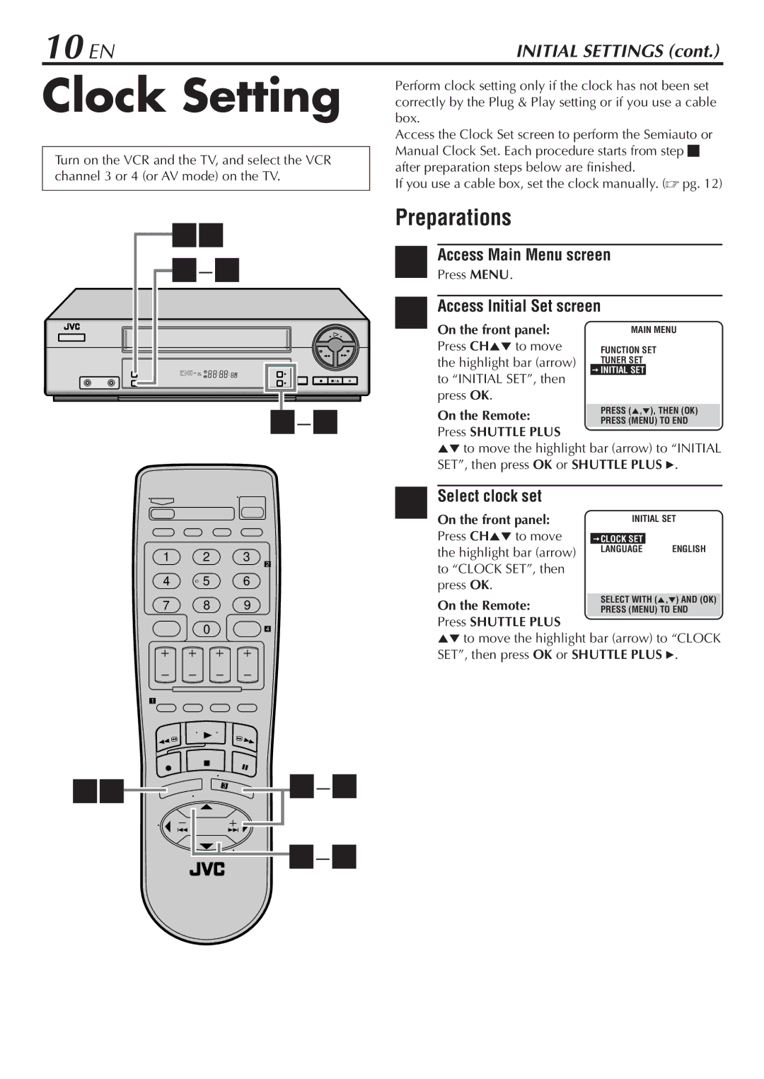 JVC HR-A47U manual Clock Setting, 10 EN, Preparations, Select clock set 