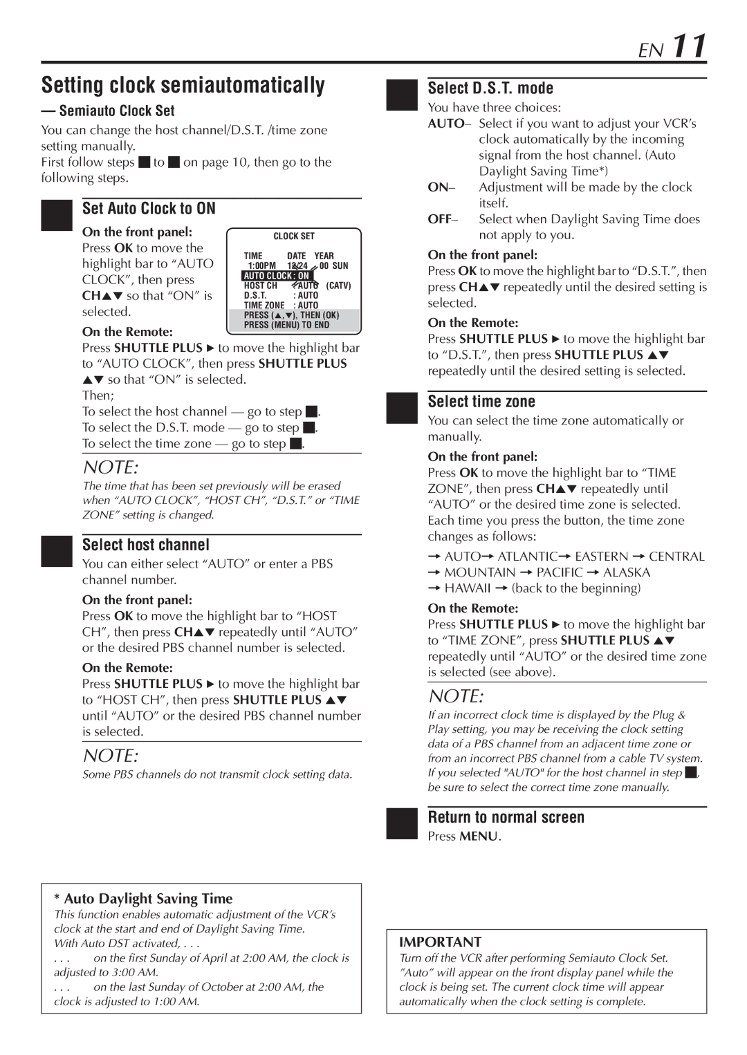 JVC HR-A47U manual Setting clock semiautomatically, Set Auto Clock to on, Select D.S.T. mode, Select host channel 