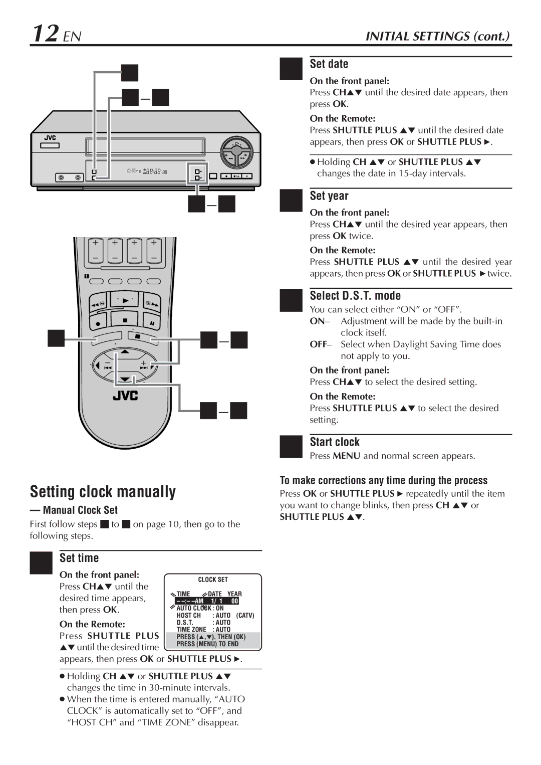 JVC HR-A47U 12 EN, Setting clock manually, Manual Clock Set, To make corrections any time during the process 