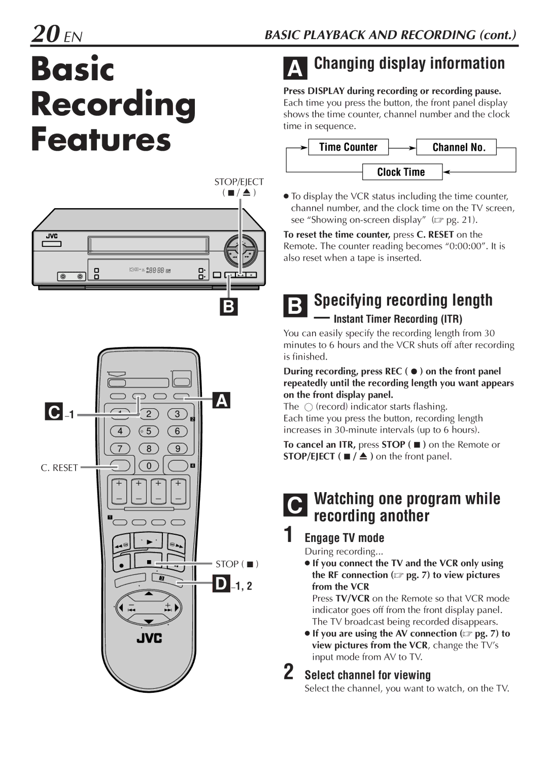 JVC HR-A47U Basic Recording Features, 20 EN, Specifying recording length, Watching one program while recording another 