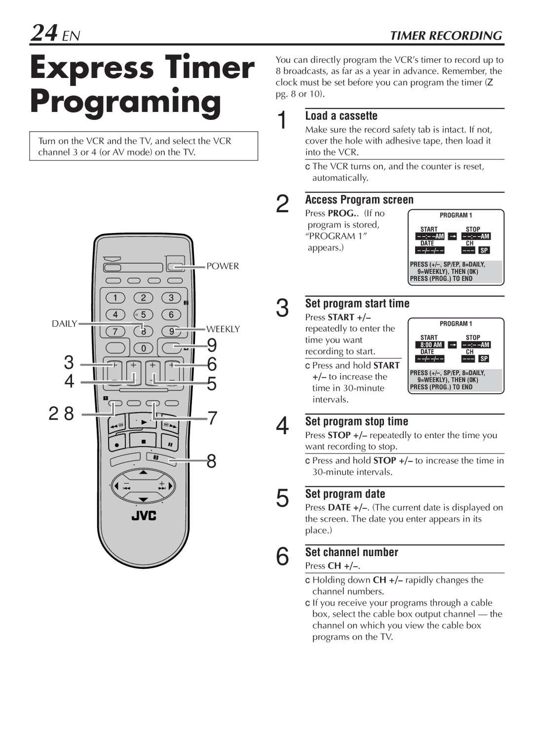 JVC HR-A47U manual Express Timer Programing, 24 EN 