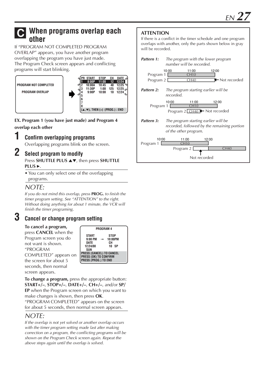 JVC HR-A47U manual Confirm overlapping programs, Select program to modify, Overlapping programs blink on the screen 