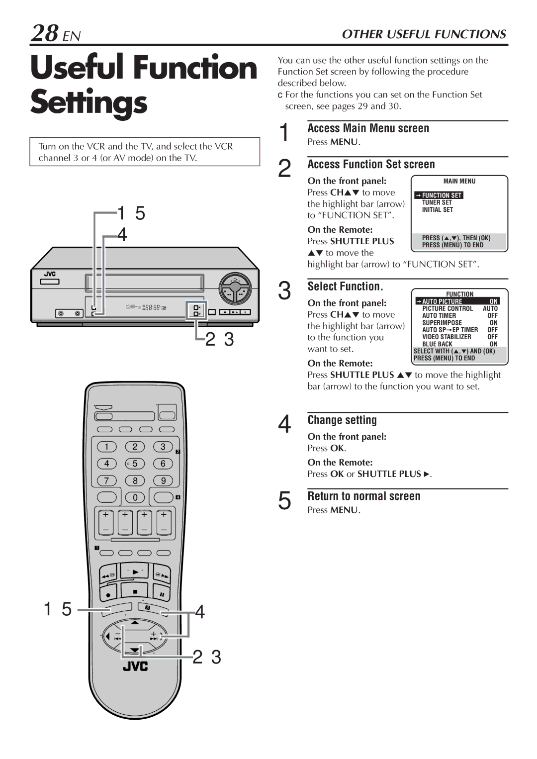 JVC HR-A47U manual 28 EN, Select Function, Change setting, On the Remote Press OK or Shuttle Plus 