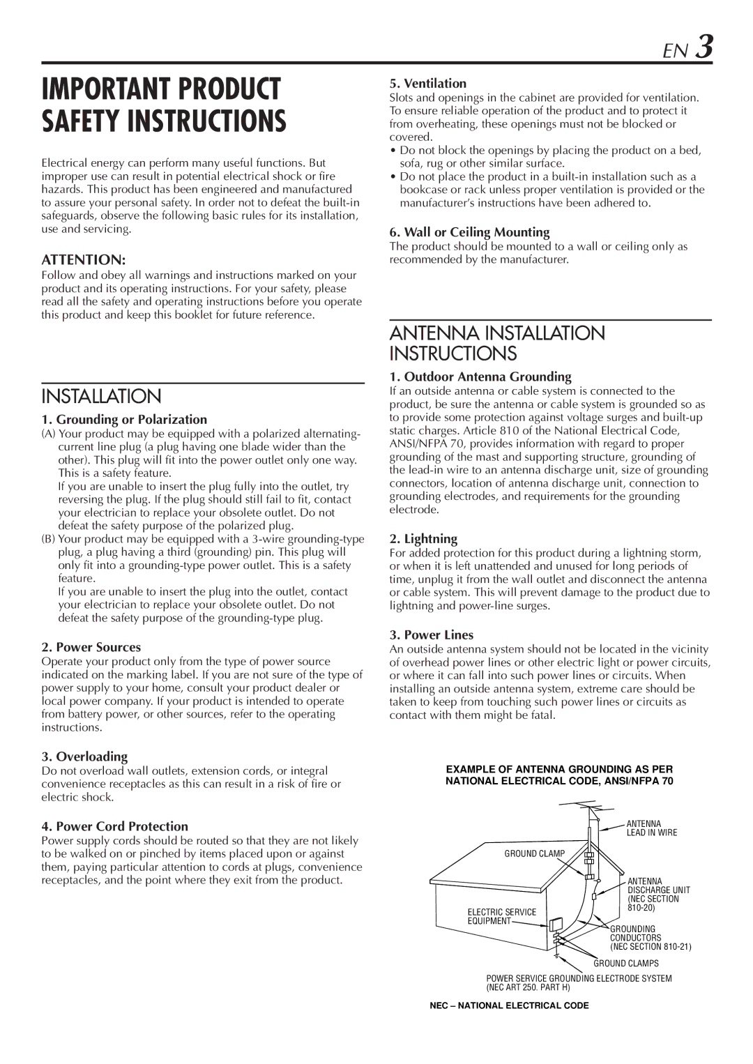 JVC HR-A47U Grounding or Polarization, Power Sources, Ventilation, Wall or Ceiling Mounting, Outdoor Antenna Grounding 