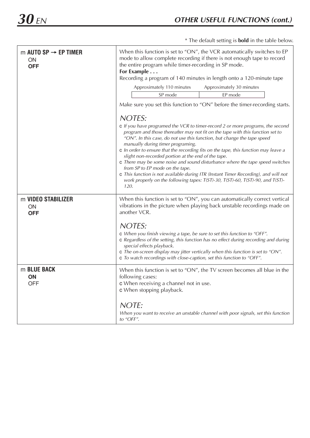 JVC HR-A47U manual 30 EN, Auto SP = EP Timer, Video Stabilizer, Blue Back, For Example 