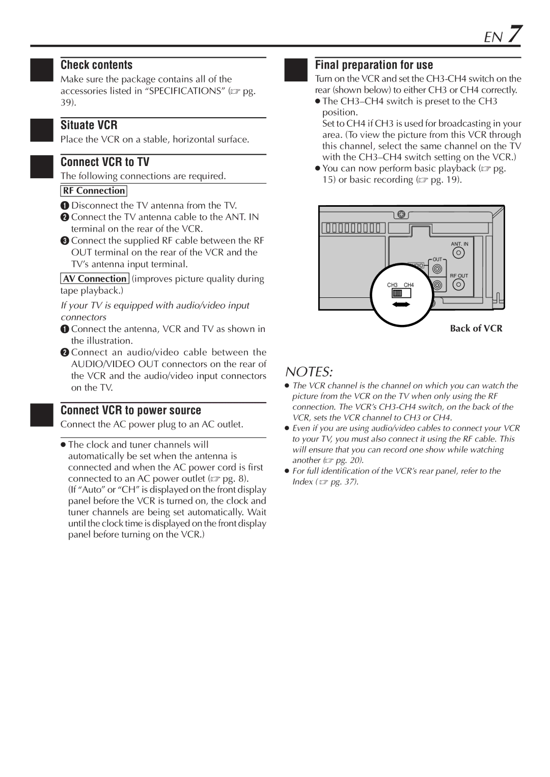 JVC HR-A47U manual Check contents, Situate VCR, Connect VCR to TV, Final preparation for use, RF Connection 