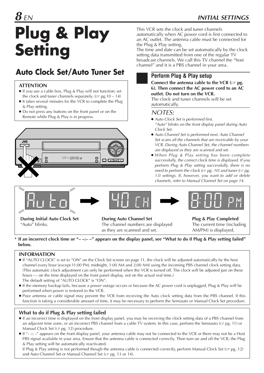 JVC HR-A47U manual Plug & Play Setting, Auto Clock Set/Auto Tuner Set, Perform Plug & Play setup, Information 