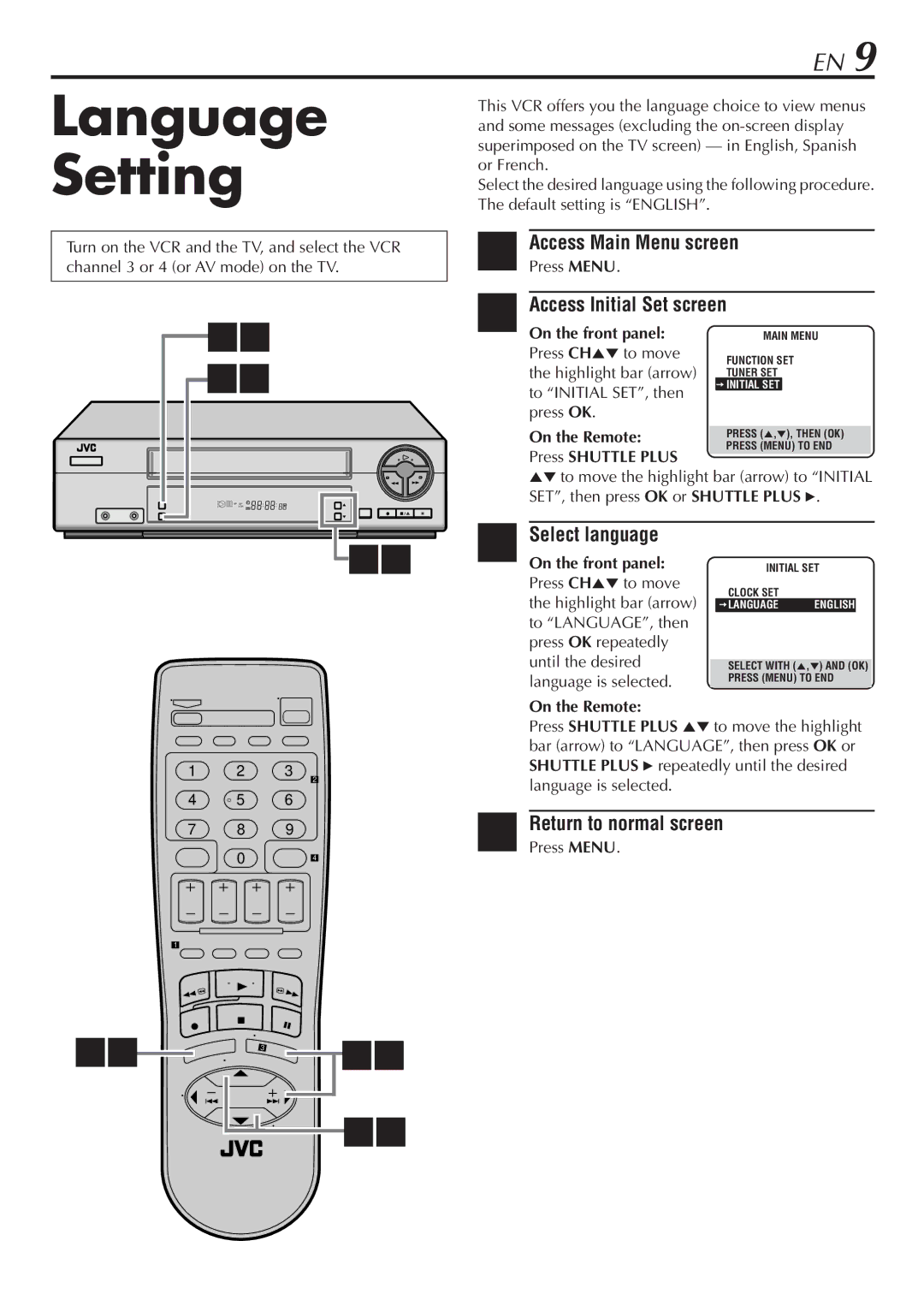 JVC HR-A47U Language Setting, Access Main Menu screen, Access Initial Set screen, Select language, Return to normal screen 