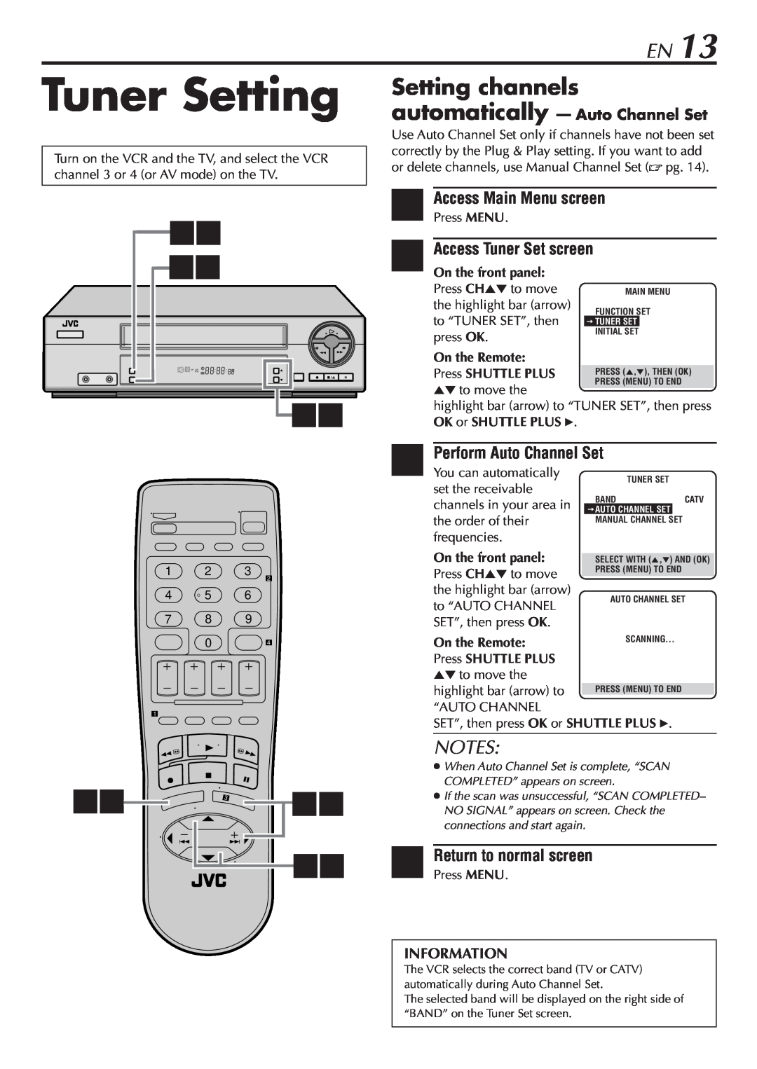 JVC HR-A47U manual Tuner Setting, Setting channels, 2Access Tuner Set screen, Perform Auto Channel Set, 1423 