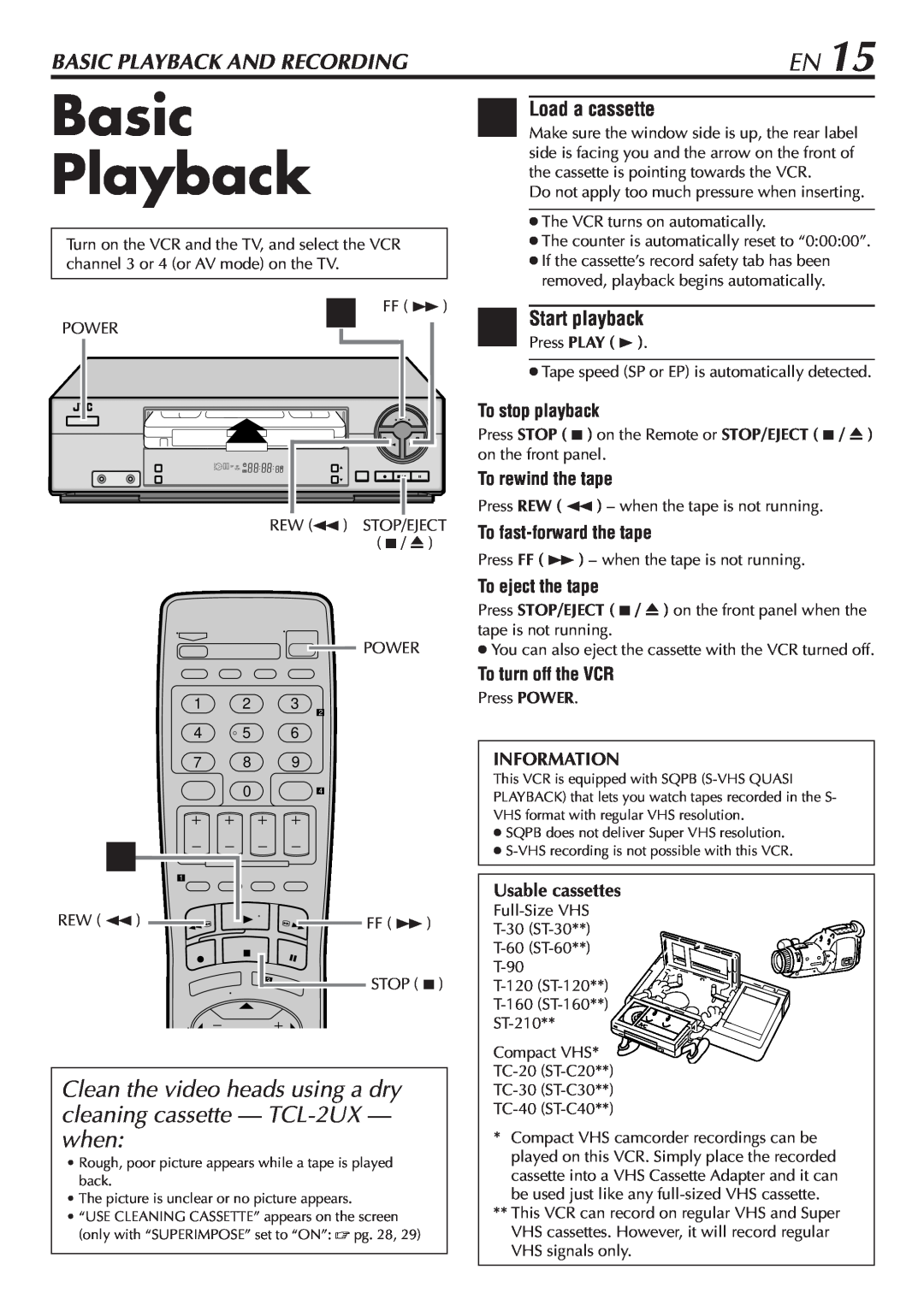 JVC HR-A47U manual Basic Playback And Recording, Load a cassette, 2Start playback 