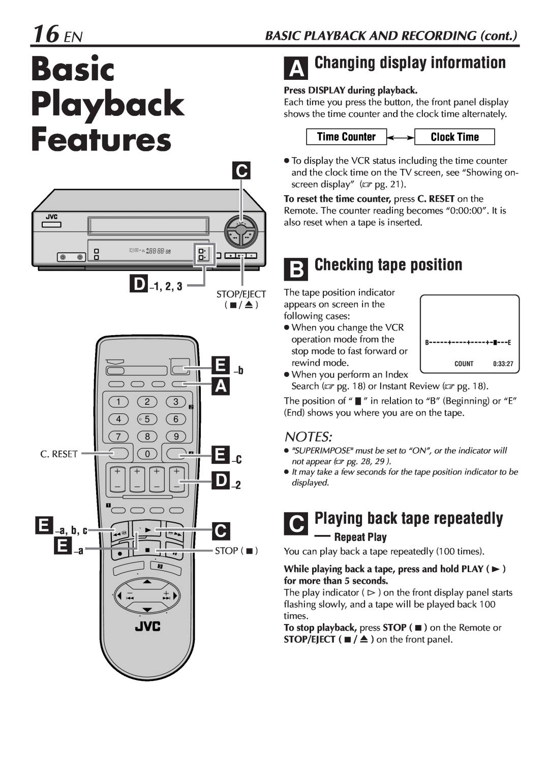 JVC HR-A47U manual Basic Playback Features, 16 EN, E -b, D, A Changing display information, B Checking tape position, E -C 