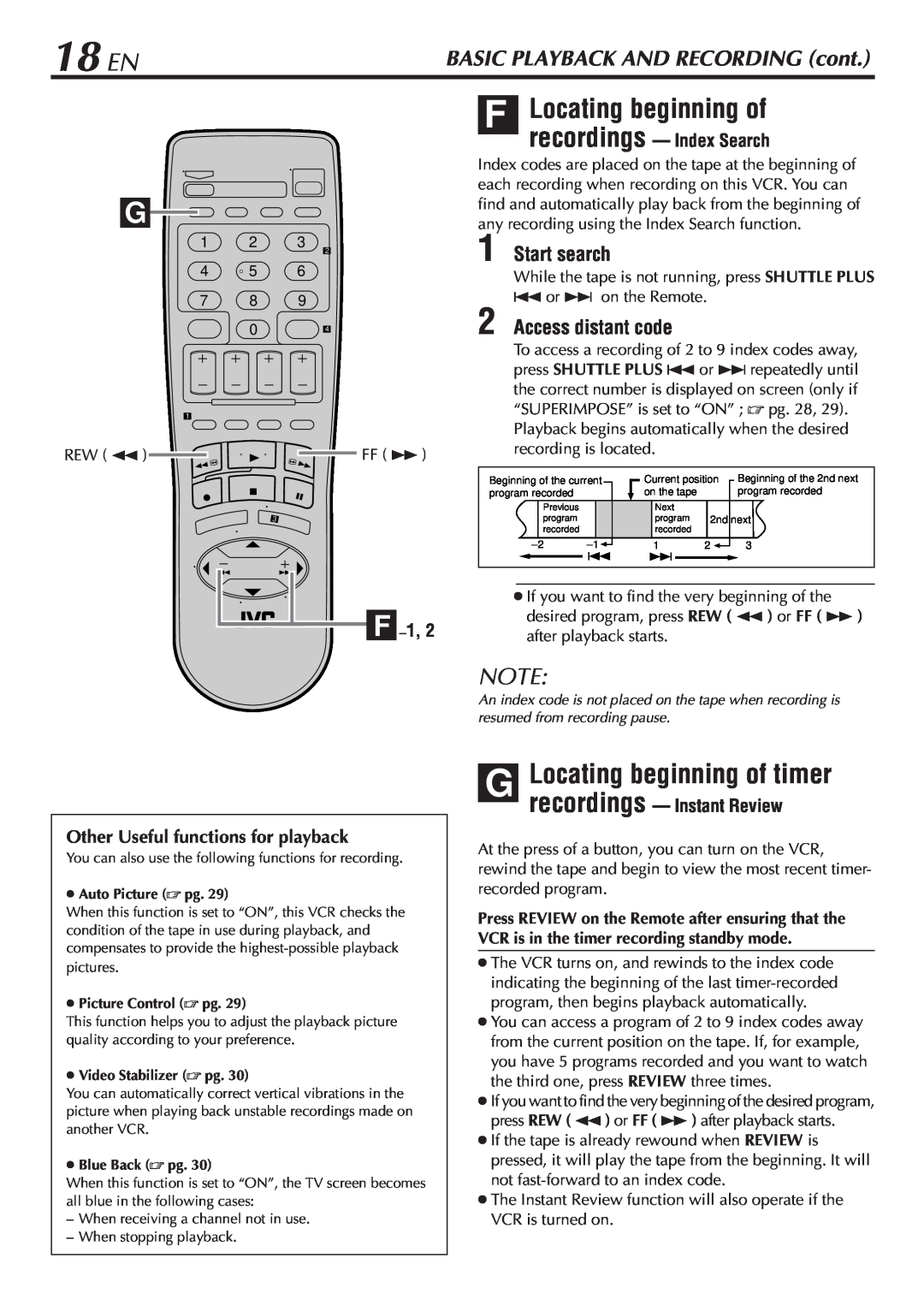 JVC HR-A47U manual 18 EN, F Locating beginning of, G Locating beginning of timer, Start search, Access distant code 