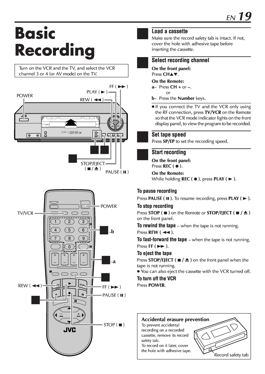 JVC HR-A47U manual Basic Recording, 2Select recording channel, Set tape speed, Start recording, Load a cassette 
