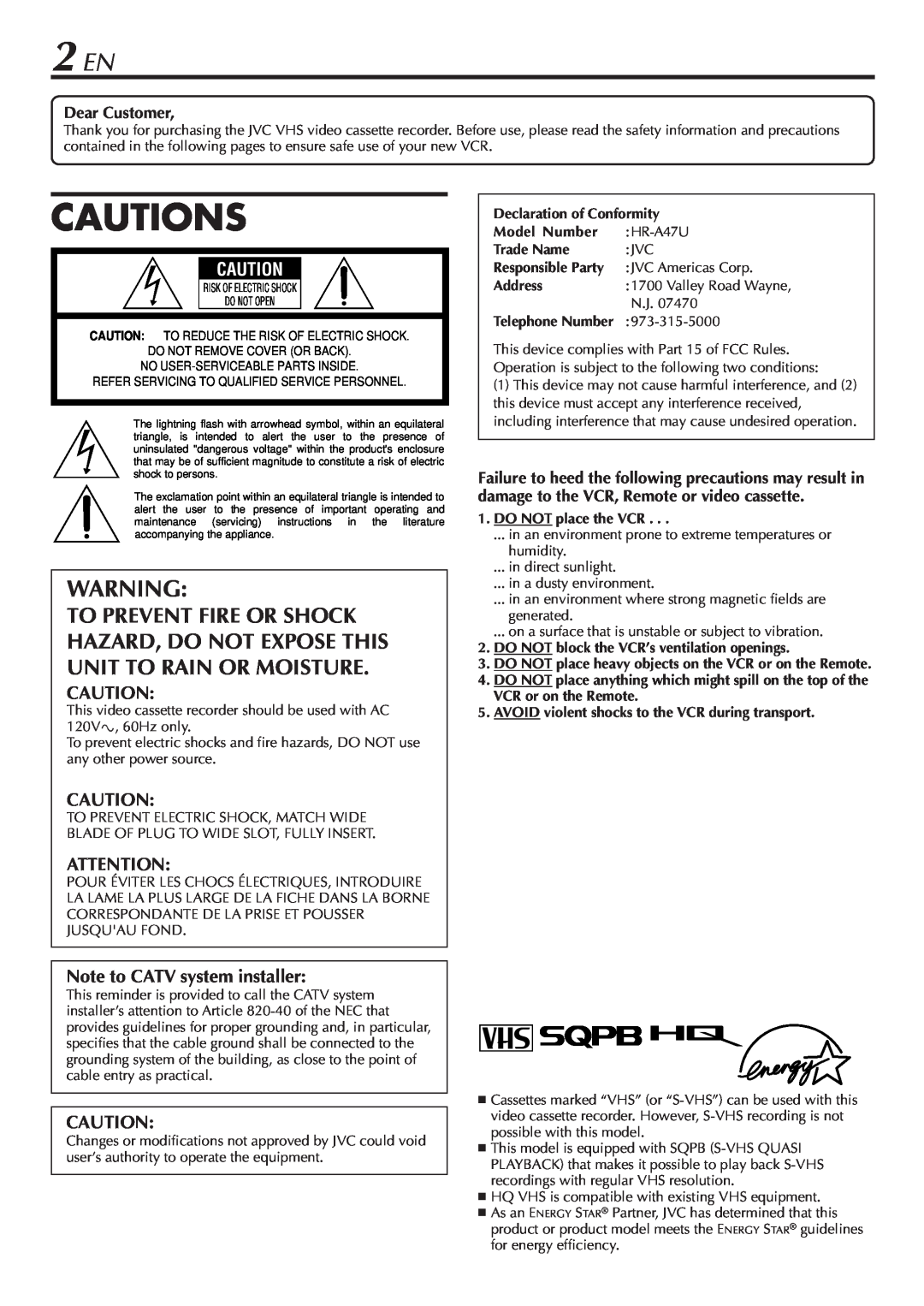 JVC HR-A47U manual 2 EN, Cautions 
