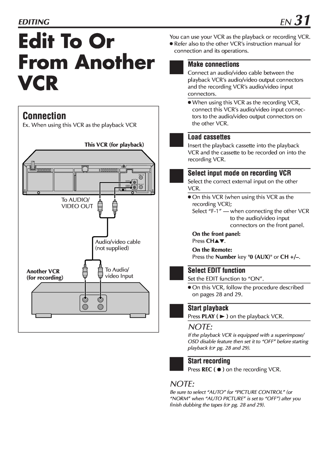 JVC HR-A47U Edit To Or From Another VCR, Connection, Editing, 1Make connections, Load cassettes, Select EDIT function 