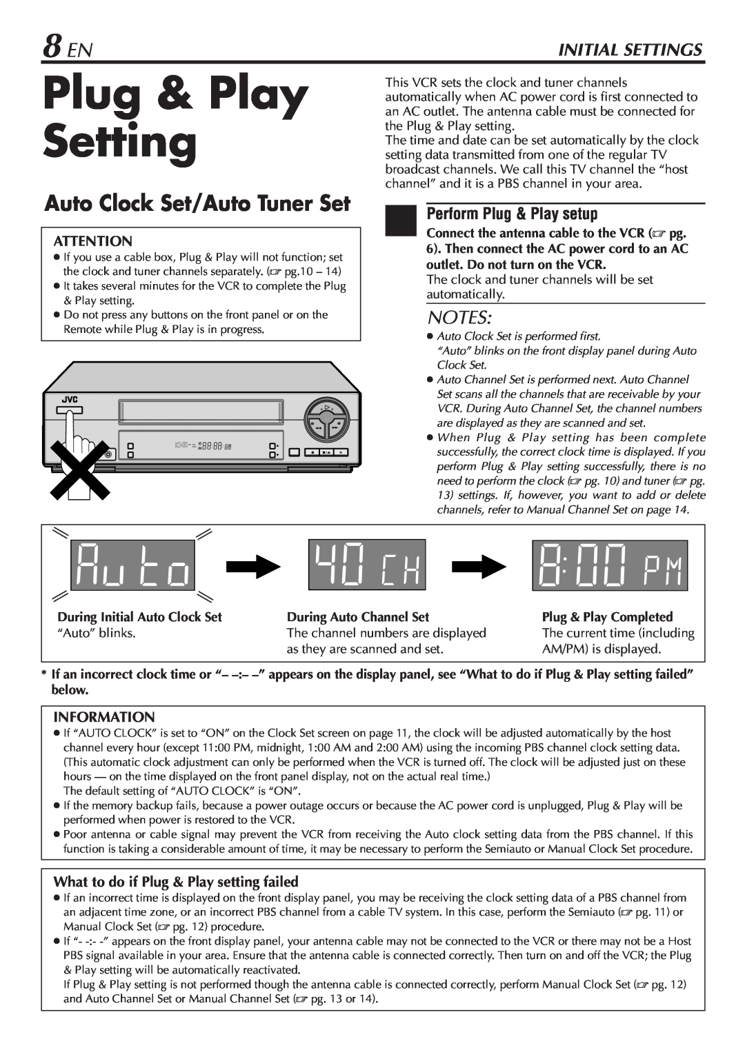 JVC HR-A47U manual Plug & Play Setting, 8 EN, Auto Clock Set/Auto Tuner Set, Initial Settings, 1Perform Plug & Play setup 