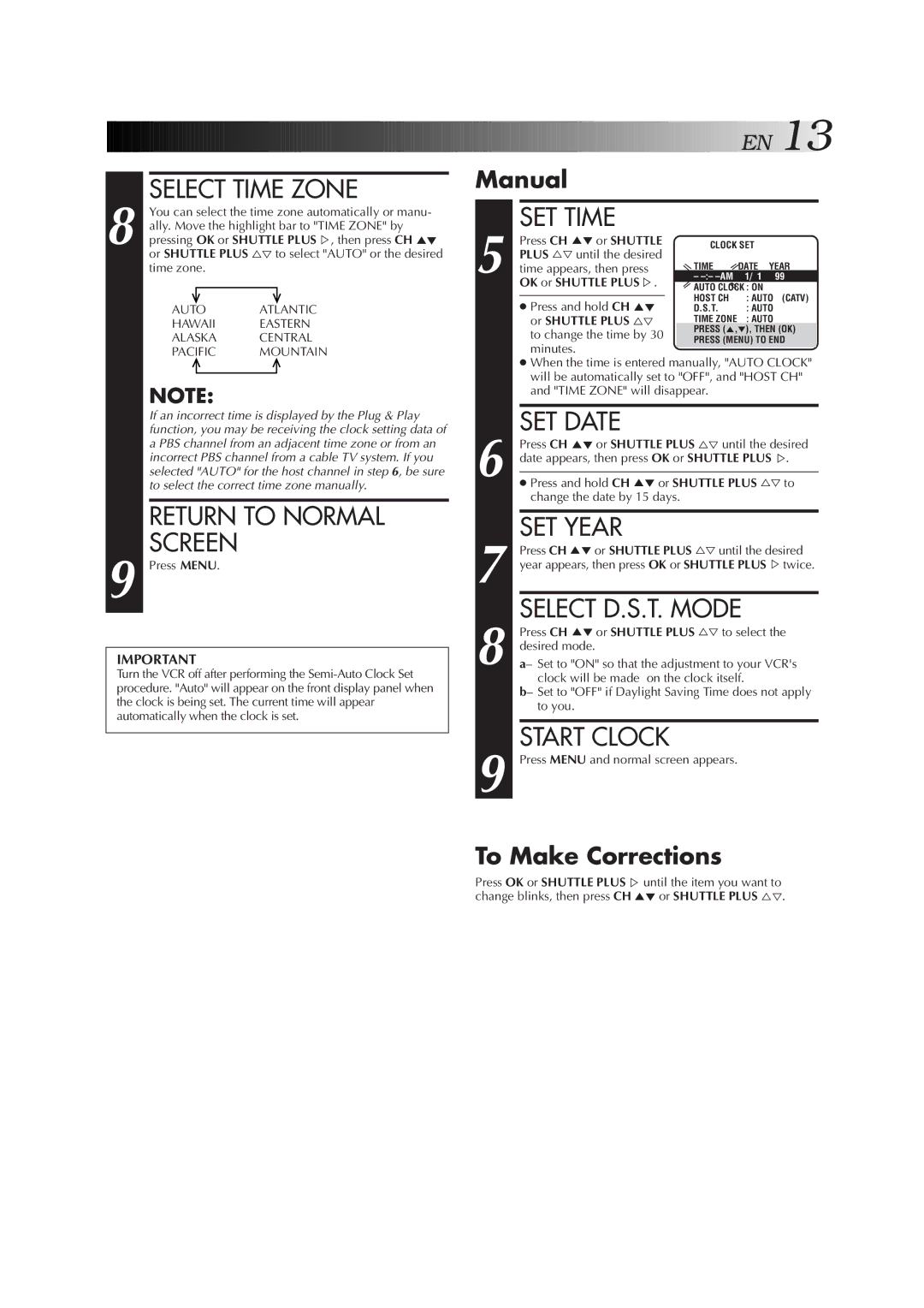 JVC HR-A51U manual Select Time Zone, Return to Normal Screen, SET Time, SET Date, SET Year, Start Clock 