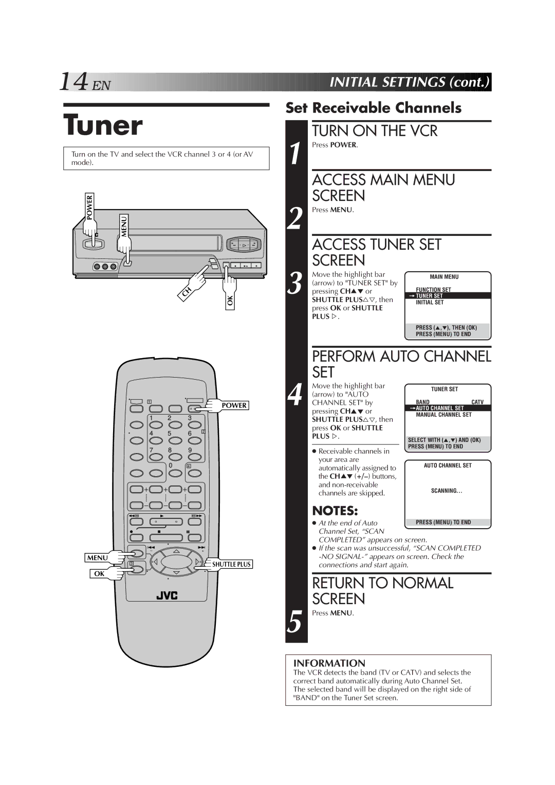 JVC HR-A51U manual Access Tuner SET Screen, Set Receivable Channels, Shuttle Plus %Þ , then Press OK or Shuttle 