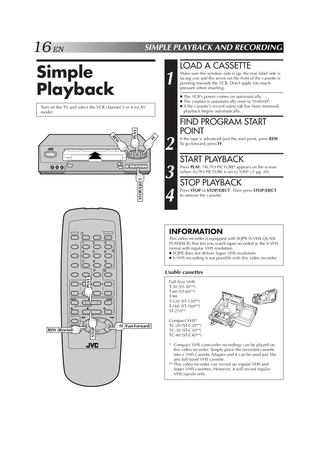 JVC HR-A51U manual Simple Playback, Load a Cassette, Find Program Start Point, Start Playback, Stop Playback 