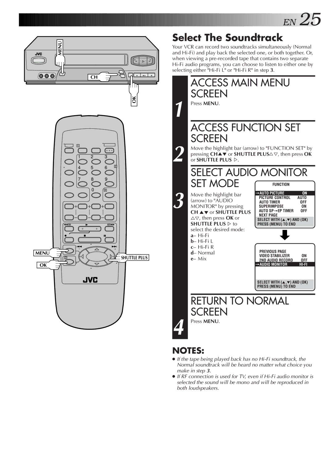 JVC HR-A51U manual Select Audio Monitor, Select The Soundtrack, Shuttle PLUS%to 