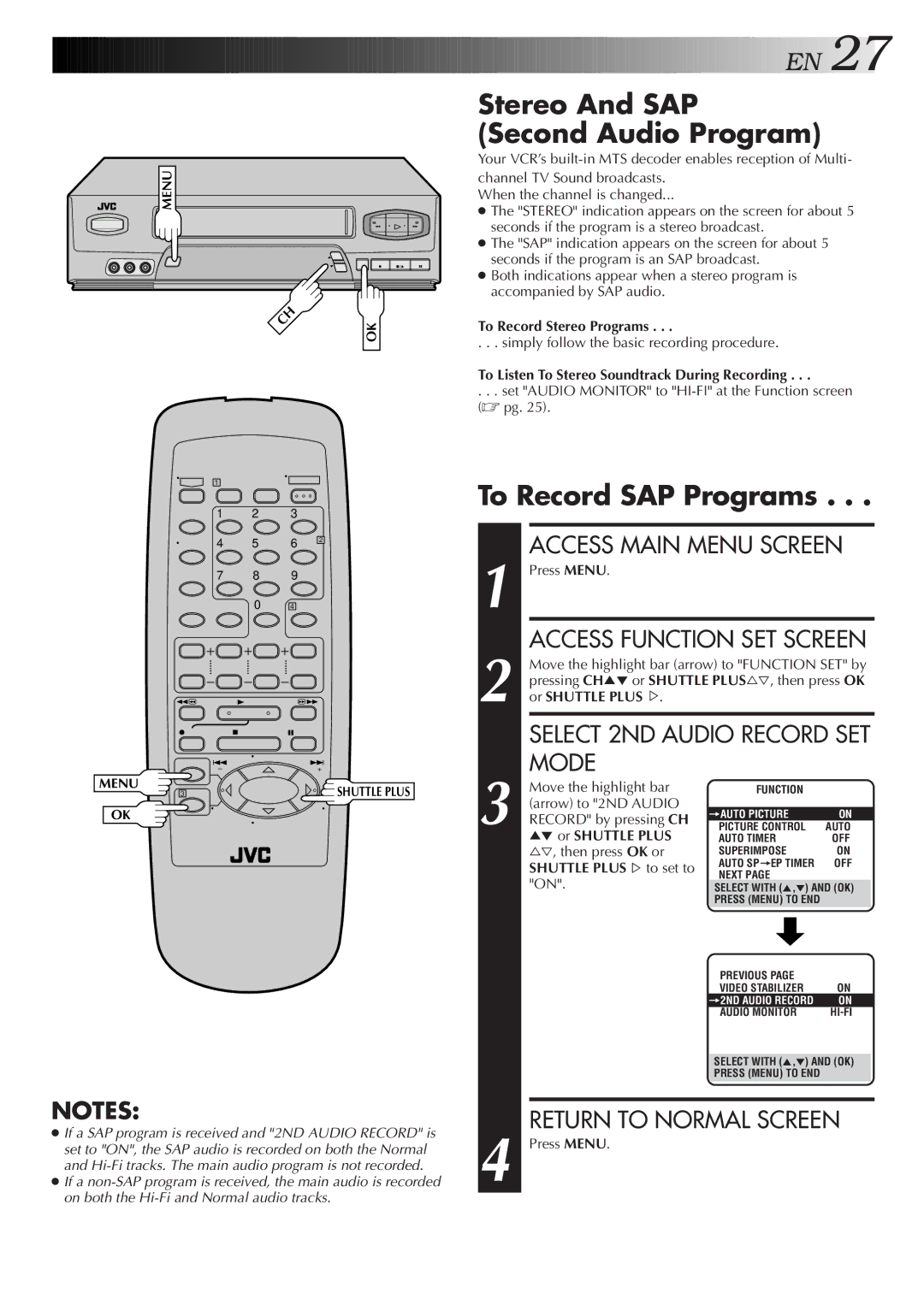 JVC HR-A51U manual Stereo And SAP Second Audio Program, To Record SAP Programs, To Record Stereo Programs, Or Shuttle Plus 