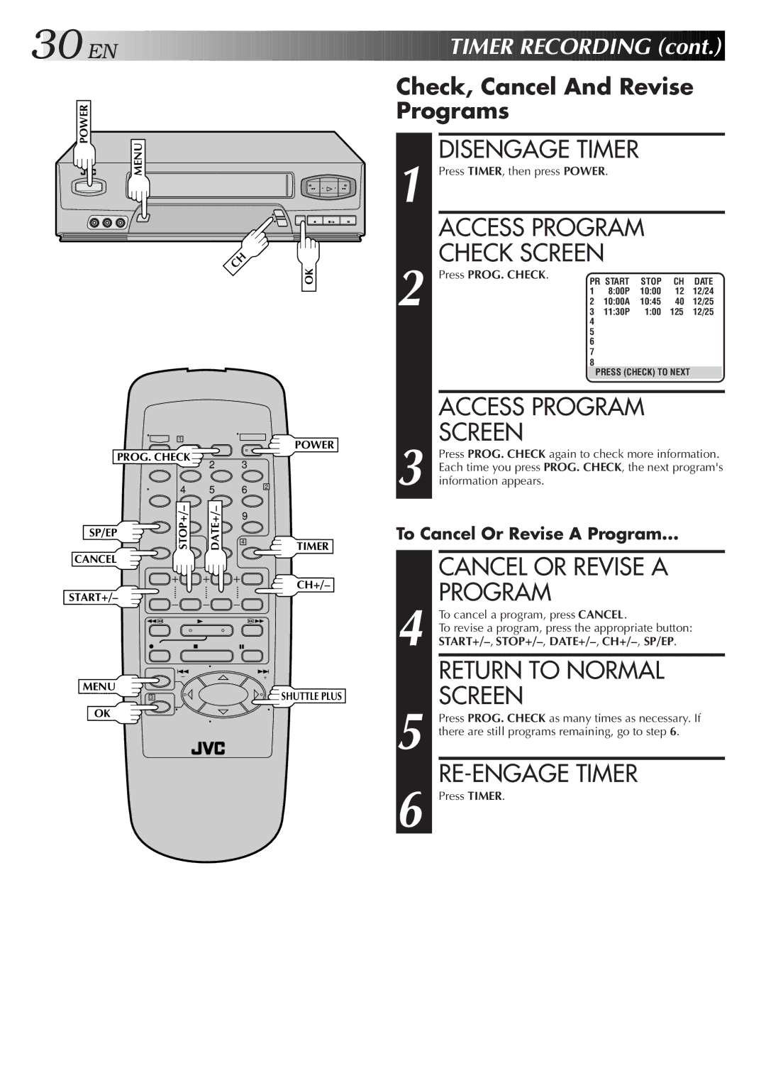 JVC HR-A51U manual Cancel or Revise a, Program, RE-ENGAGE Timer 